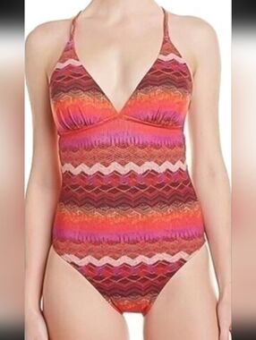 La Blanca Black One-Piece Swimsuit with Pink-Orange Chevron Trim
